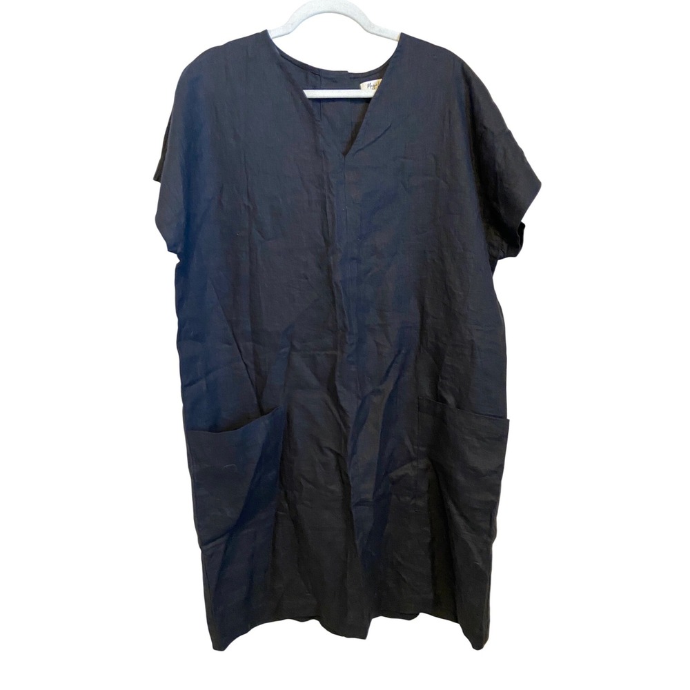 Magic Linen Black V-Neck Short Sleeve Button Back Midi Dress Size XL